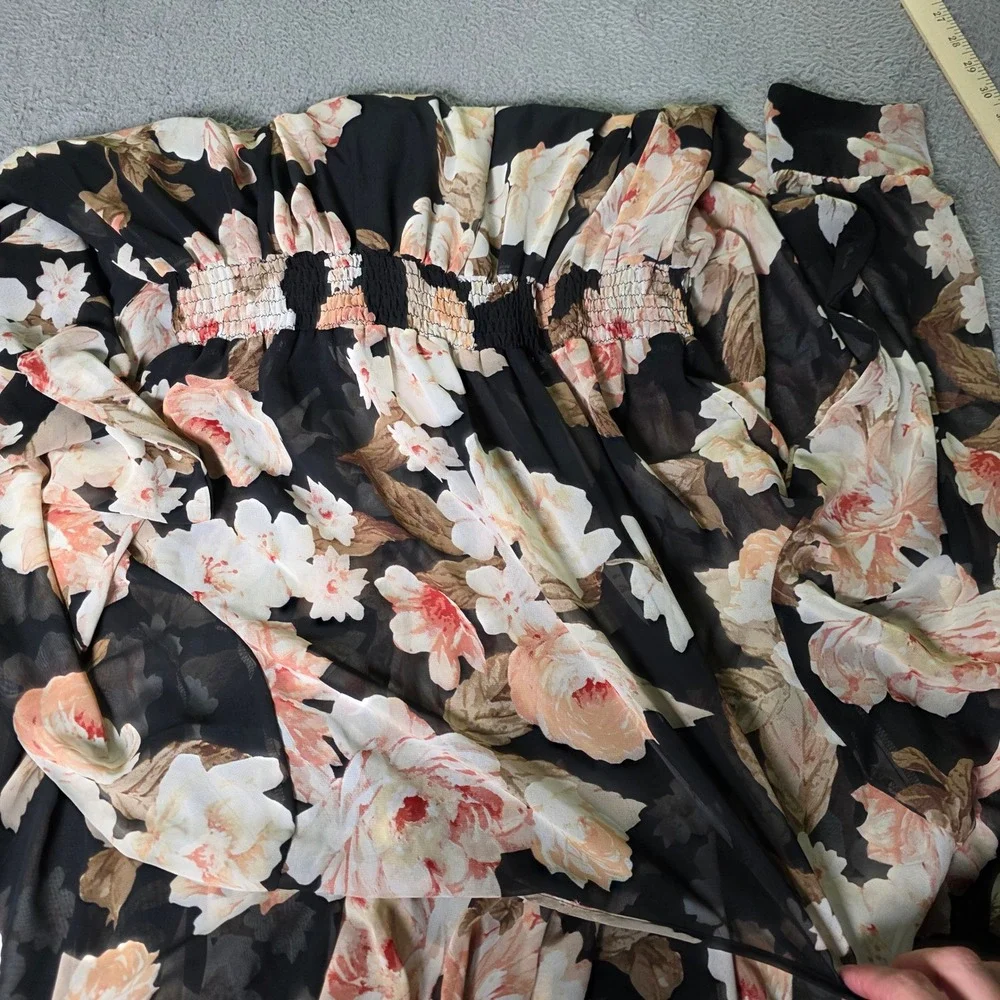 Enfocus Women 18W Maxi Dress Black Floral Smocked Waist Flutter Sleeve 913757